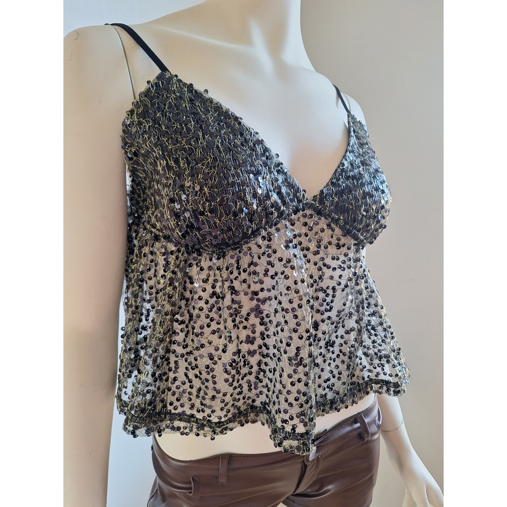 Sugarkiss Womens XL Black Gold Sequin Metallic Mesh Babydoll Camisole Crop‎ Top - Picture 2 of 6